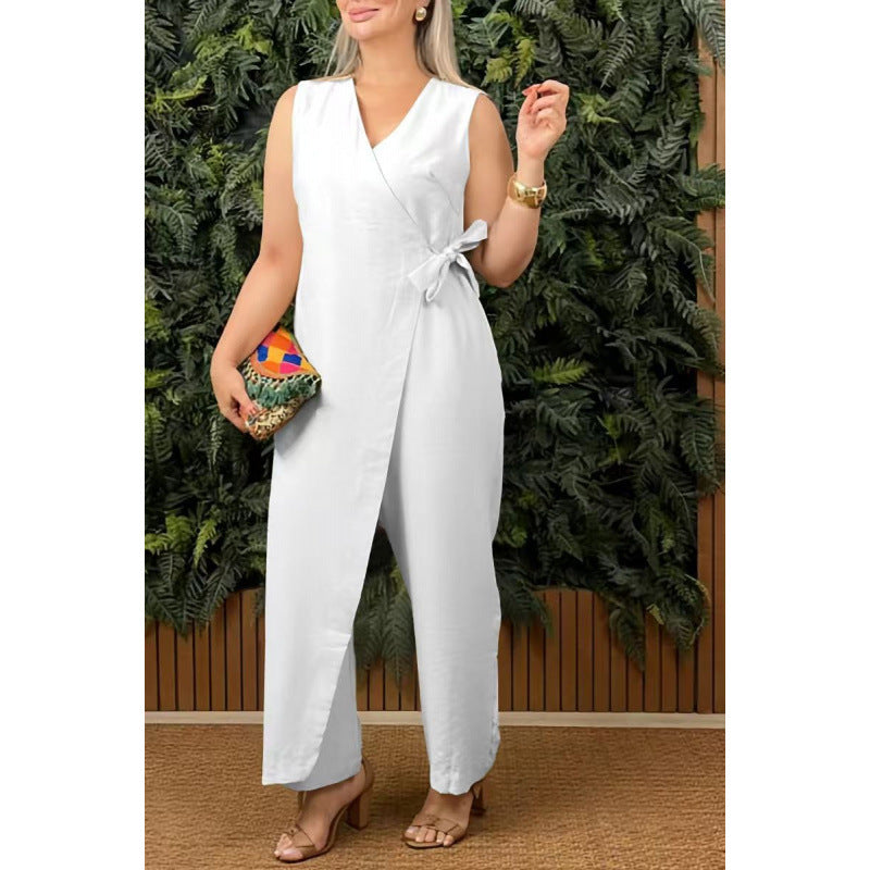Street-Wave Women Jumpsuit V-Neck Wrap Sleeveless Wide Leg