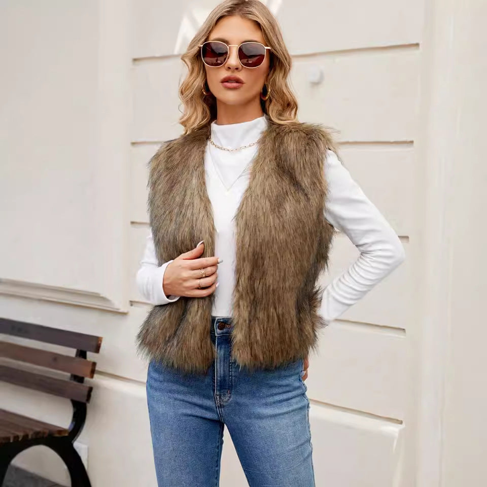 Streetwave Women Faux Fur Vest High Collar Open Front Chic Warmth for Fashion Forward Women