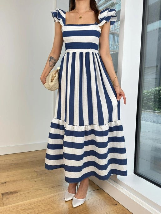 Street-Wave Striped Off Shoulder Midi Dress For Women Relaxed Fit