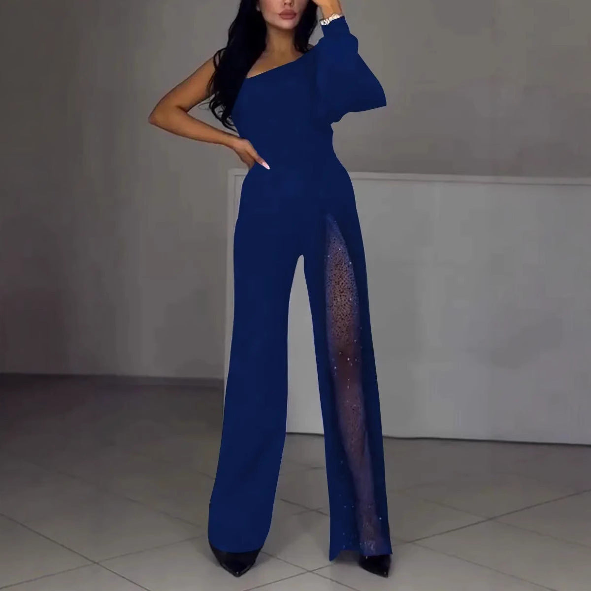 Street Wave One Shoulder Jumpsuit With Sequin Panel For Women, Glamorous Evening Wear