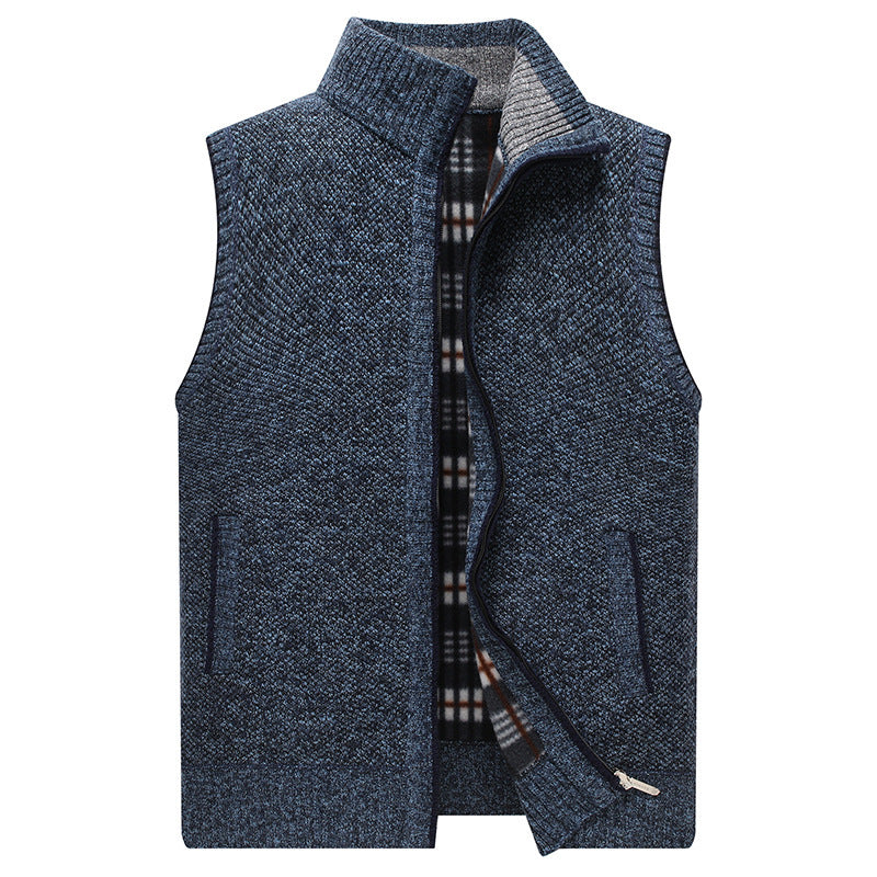 Street-Wave Men's High Collar Knit Vest With Checkered Inner Lining For Warmth And Everyday Wear