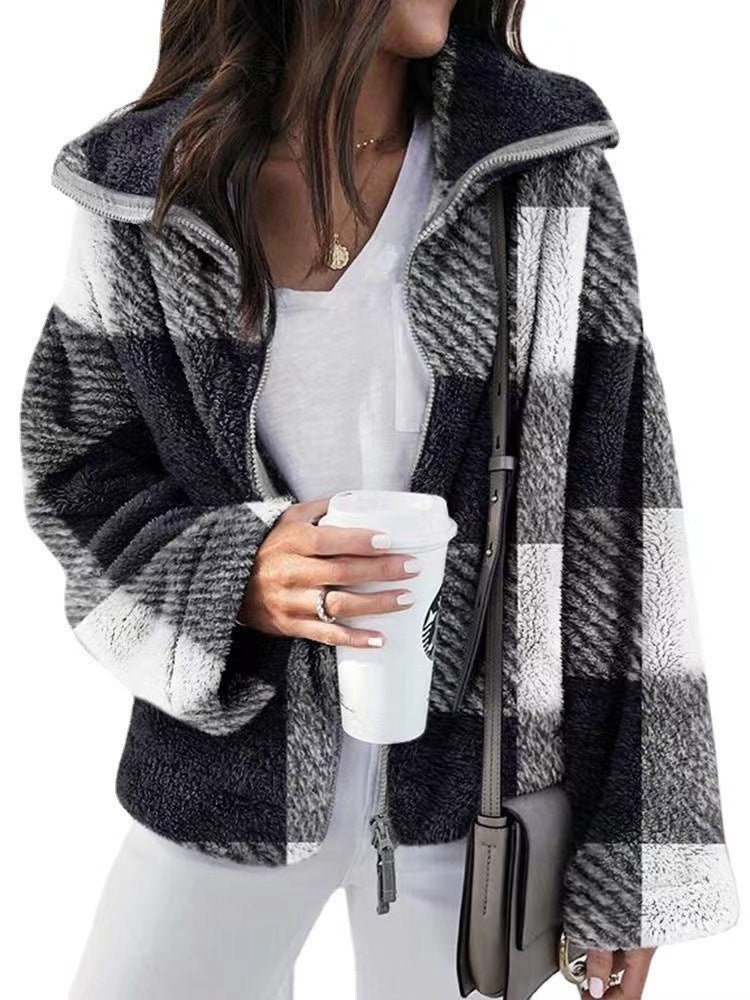 Street Wave Womens Cozy Fleece Jacket With Plaid Pattern High Collar Warmth And Comfort