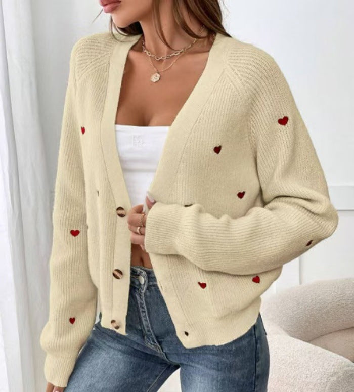 Street Wave Women's Cardigan With Heart Appliques And Deep V Neck Soft Cotton Cozy Fit