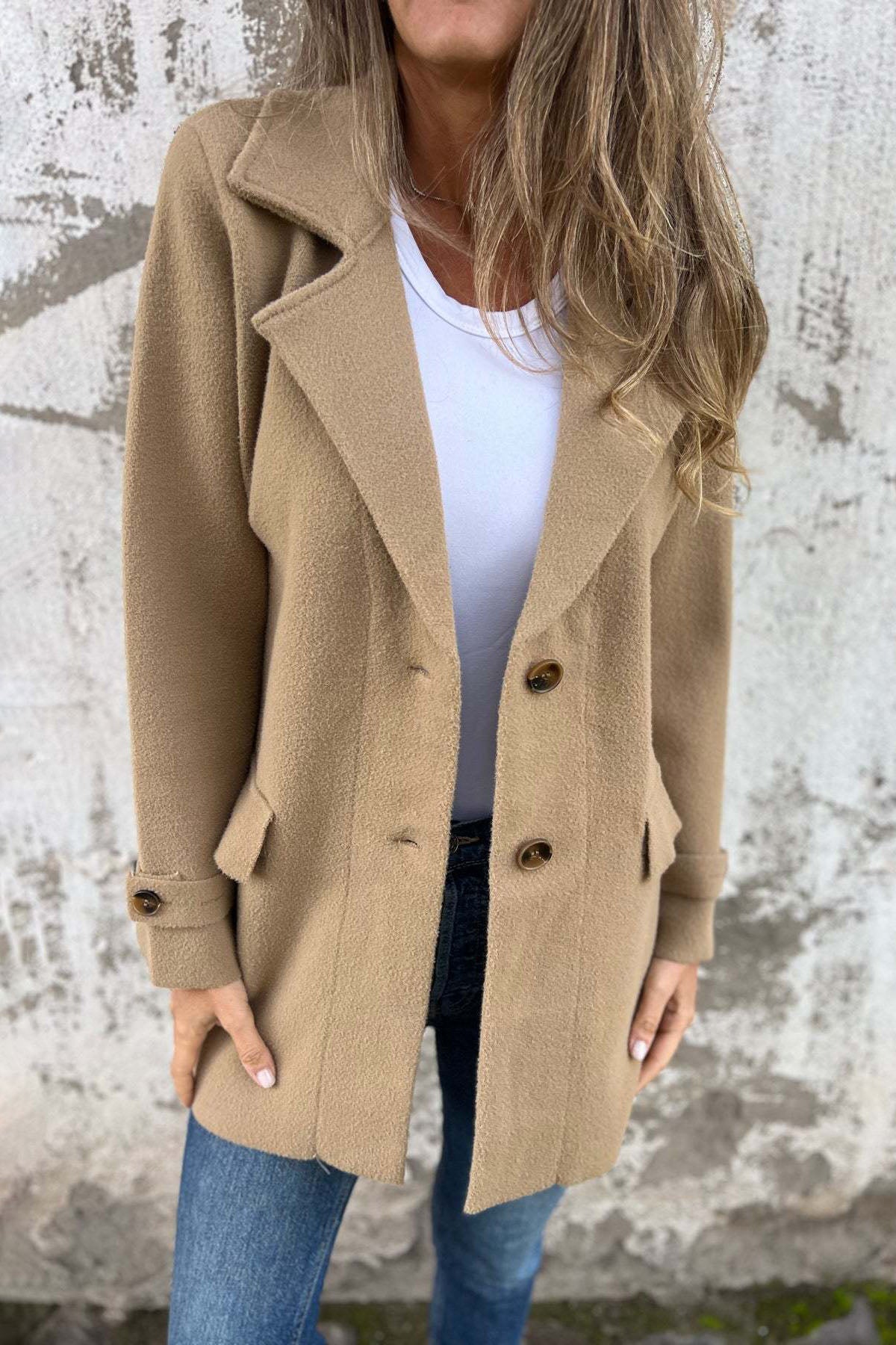Street-Wave Wool Cardigan Coat With Lapel Collar And Fake Pocket Detail For Women Cozy Warmth