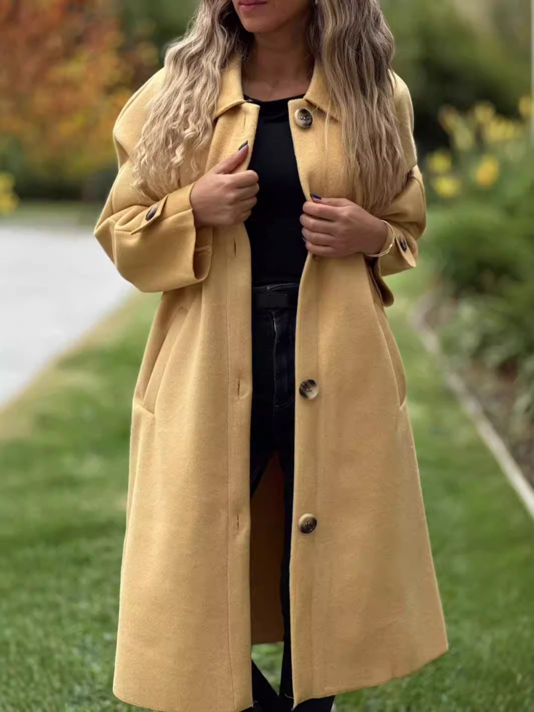Street-Wave Women's Wool-Blend Coat With Relaxed Fit Front Button Closure Bold Lapels