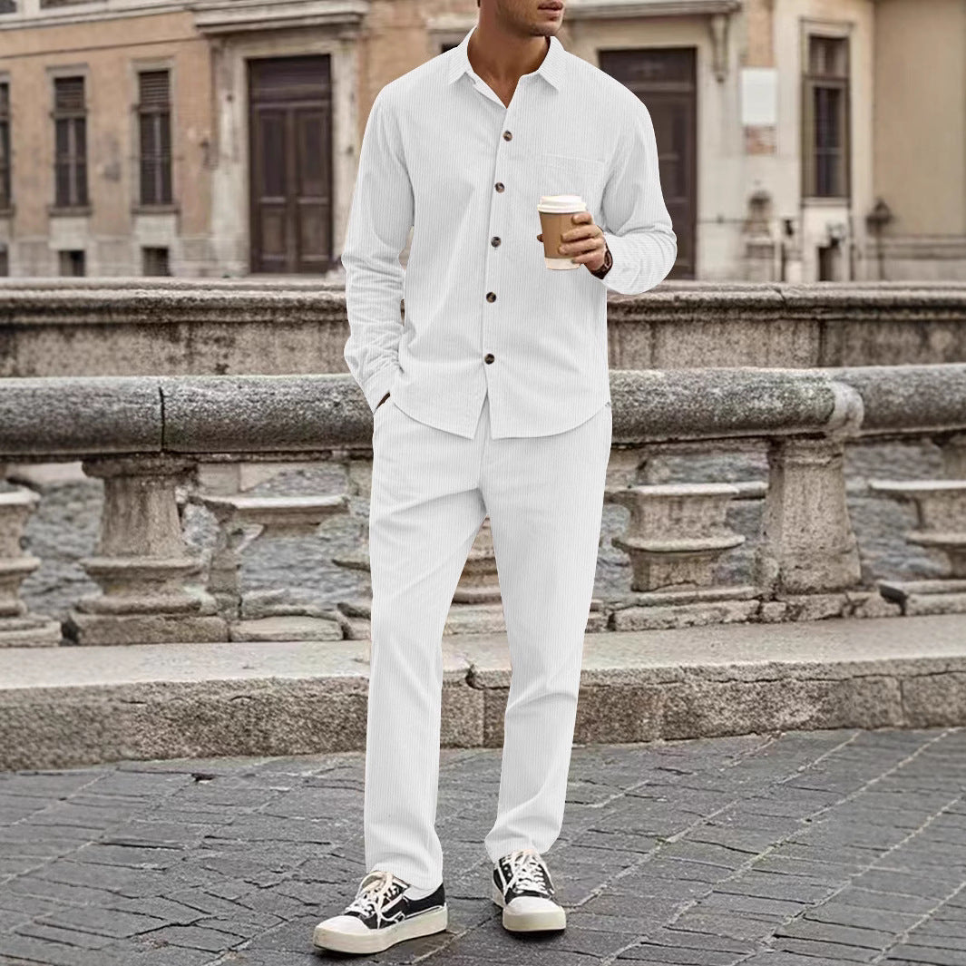 Men's Corduroy Shirt And Pants Set With Relaxed Fit Button Closure Casual Nordic Flair