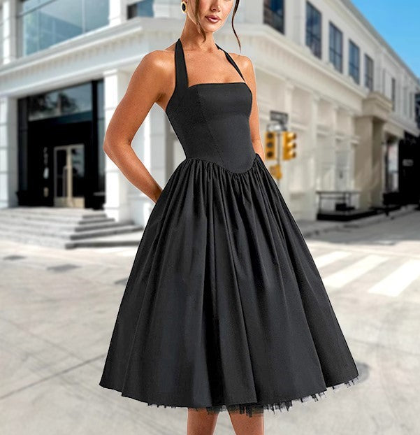 Street-wave A-Line Cocktail Dress With Halter Neck And Full Skirt Breathable Comfort For Women Black