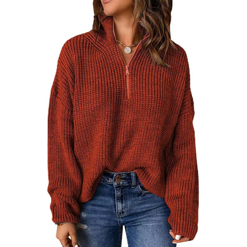 Street-wave Women Knit Pullover With Short Zipper Cozy Warm Olive Green Sweater Top Relaxed Fit