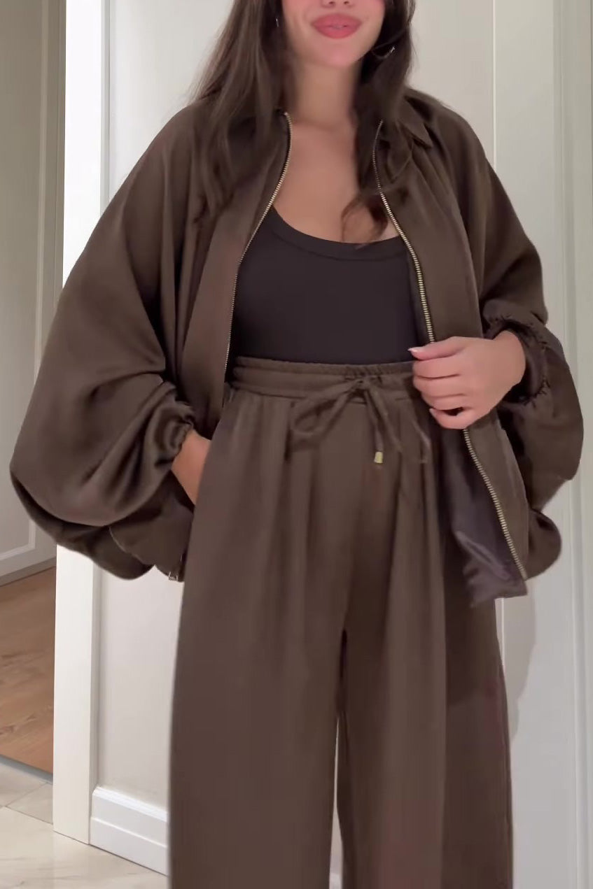 Street-Wave Two-Piece Zip Jacket With Lantern Sleeves And Elastic-Waist Wide-Leg Pants For Women