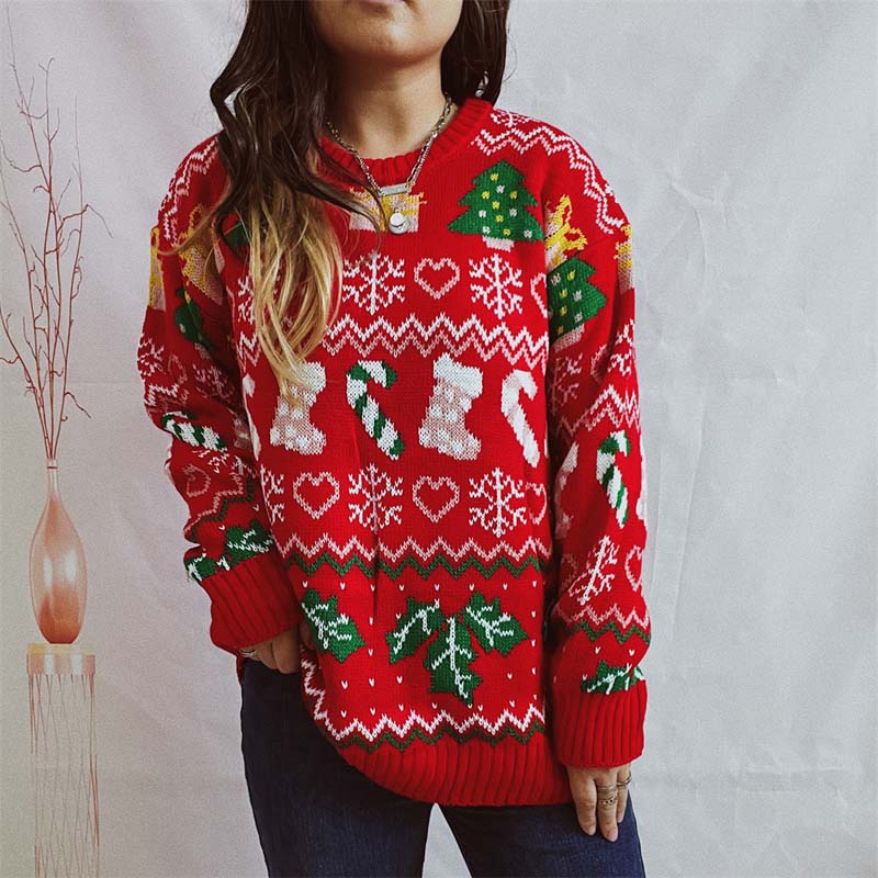 Street-wave Christmas Knit Sweater With Snowflake Jacquard For Women Cozy Winter Top