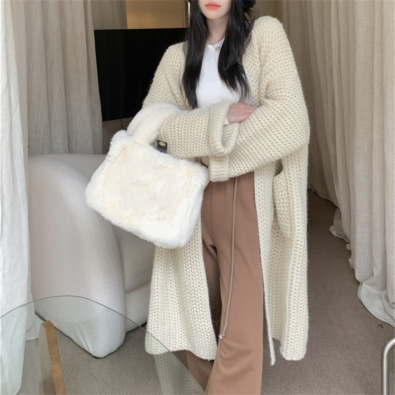 Street-wave Women's Long Knit Cardigan With Practical Pockets And Cable Knit For Cozy Everyday Wear