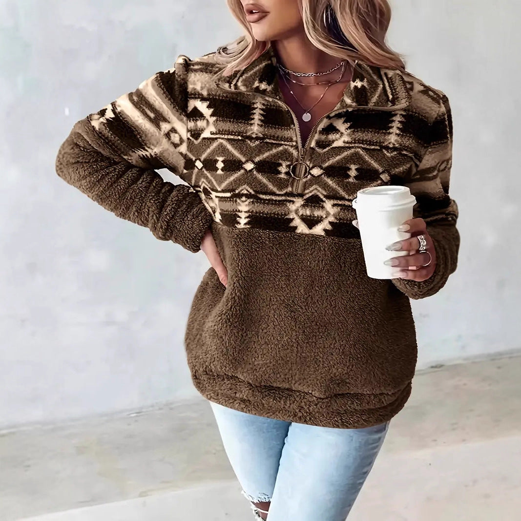 Women Fleece Pullover With Aztec Pattern And Stand Collar By Street Wave For Cozy Warmth And Style