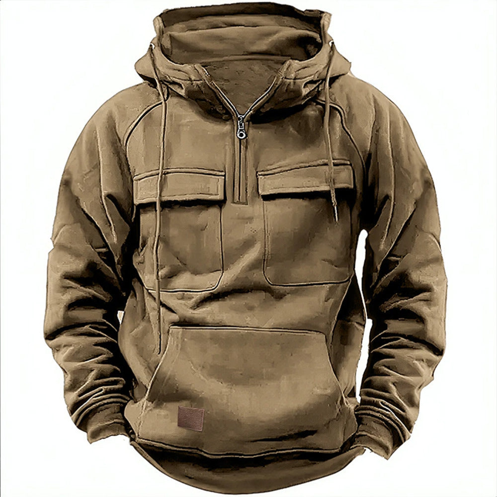 Street-Wave Men's Utility Hoodie With Front Pockets And Half Zip For Adventurers