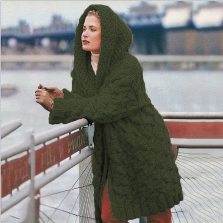 Street-wave Women's Oversized Chunky Knit Hooded Coat Cozy Warmth Soft Wool Casual Chic Outerwear