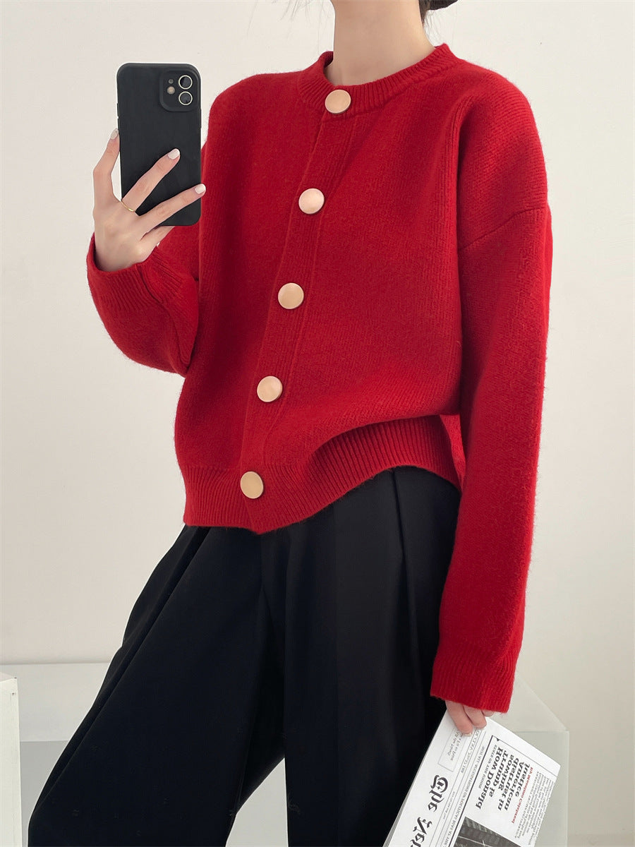 Street-wave Women's Oversized Cardigan With Large Wooden Buttons For Cozy Everyday Style