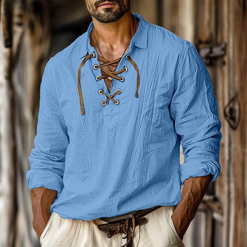 Mens Modern Long Sleeve Shirt With Decorative Lace Up Closure Streetwave Breathable Comfort For Everyday Wear