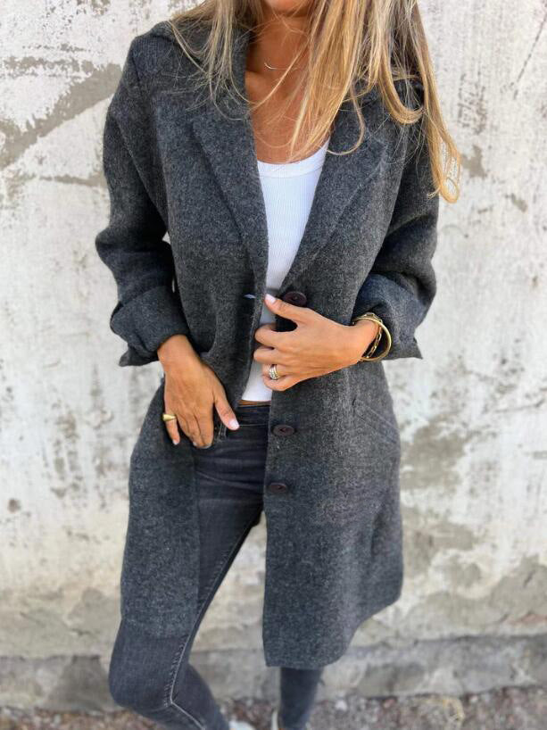 Street-Wave Mid-Length Wool-Look Coat For Women, Relaxed Fit, Revers Collar, Single-Button Closure