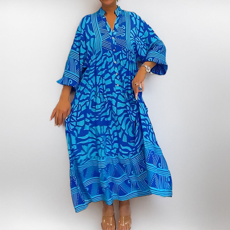 Street Wave Women's Midi Dress Loose Fit Breathable Cotton Blend Print