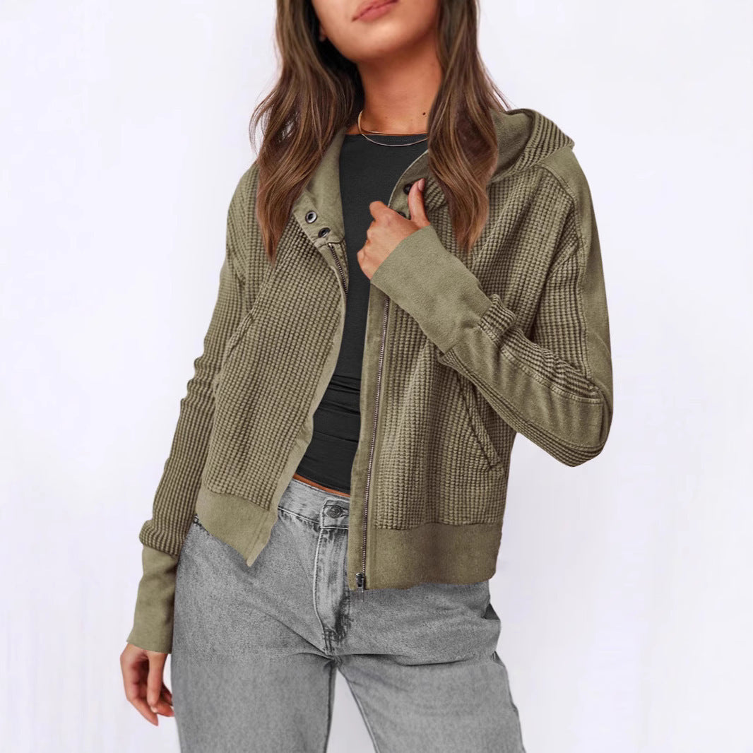 Street-wave Women's Textured Knit Zip Hoodie Jacket With Hood Cozy Structured Everyday Wear