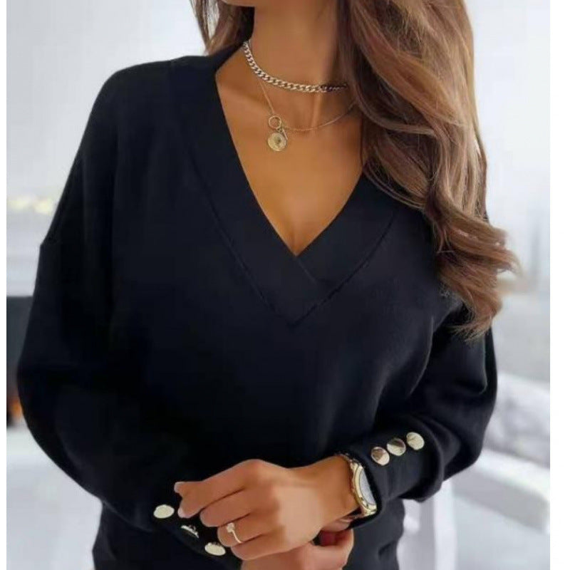 Streetwave Womens Vneck Sweater In Soft Cotton Blend With Gold Button Sleeve Detail Cozy Casual Knit