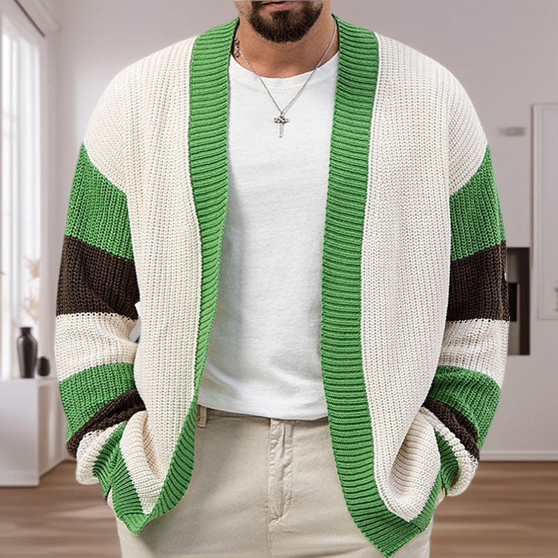 Street-Wave Mens Open Front Cardigan With Wide Stripes Breathable Cotton Blend For Everyday Wear