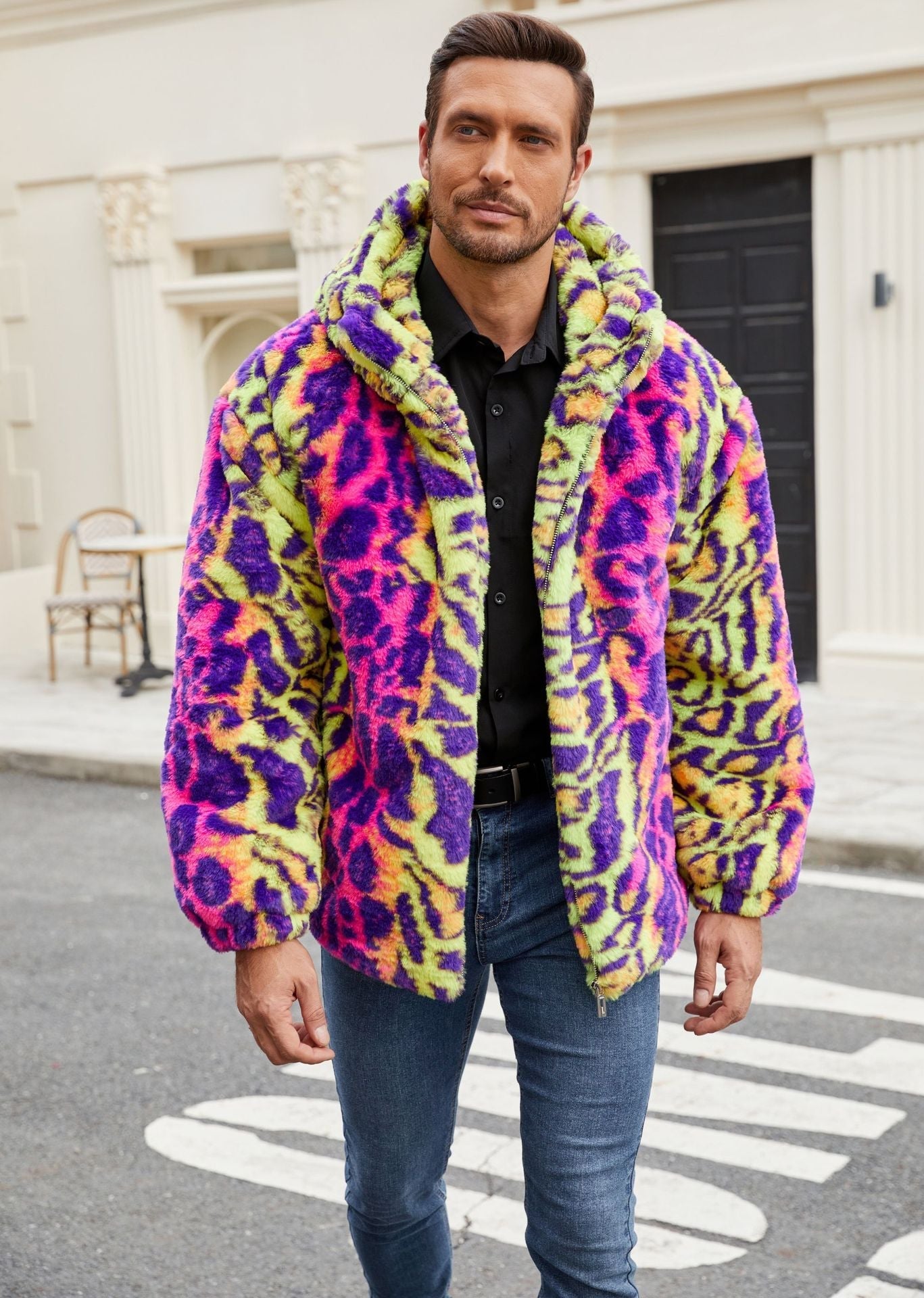 Streetwave Mens Plush Jacket With Bold Animal Print And Hooded Fleece Coat Ideal Street Style