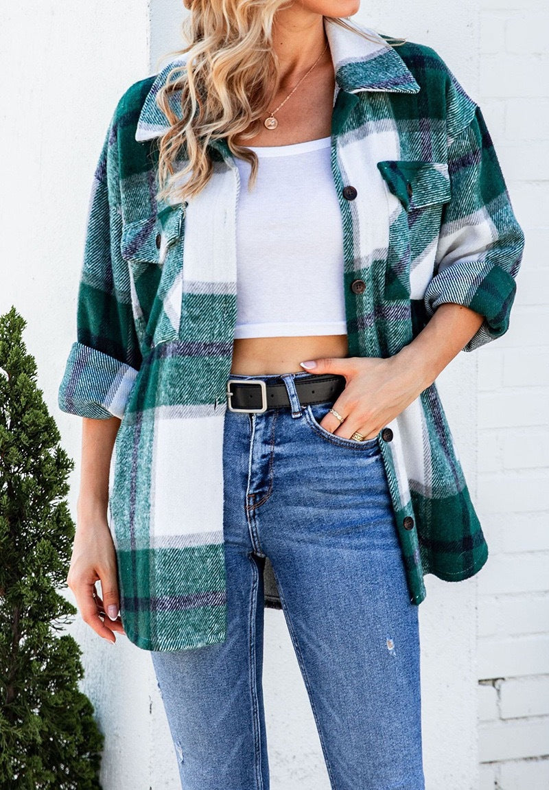 Street Wave Women Plaid Flannel Jacket With Chest Pockets Cozy Versatile Transitional Outerwear