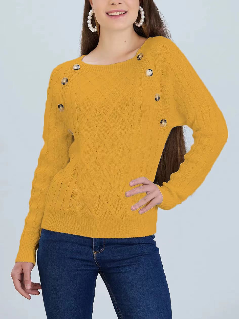 Street-Wave Women's Diamond Knit Pullover With Decorative Buttons Cozy Classic Sweater