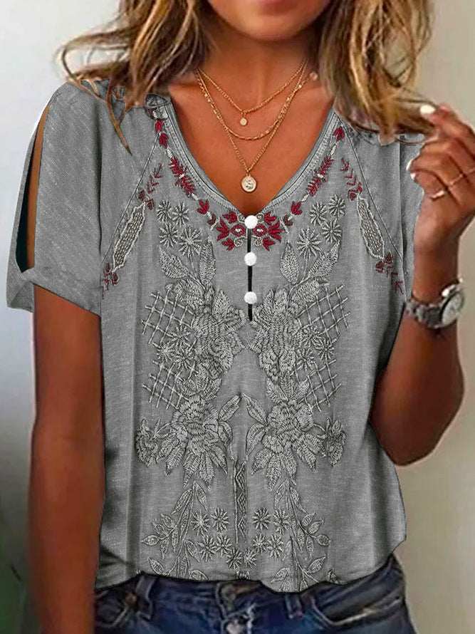 Streetwave Women's Short Sleeve Blouse Featuring Floral Embroidery And Button Details