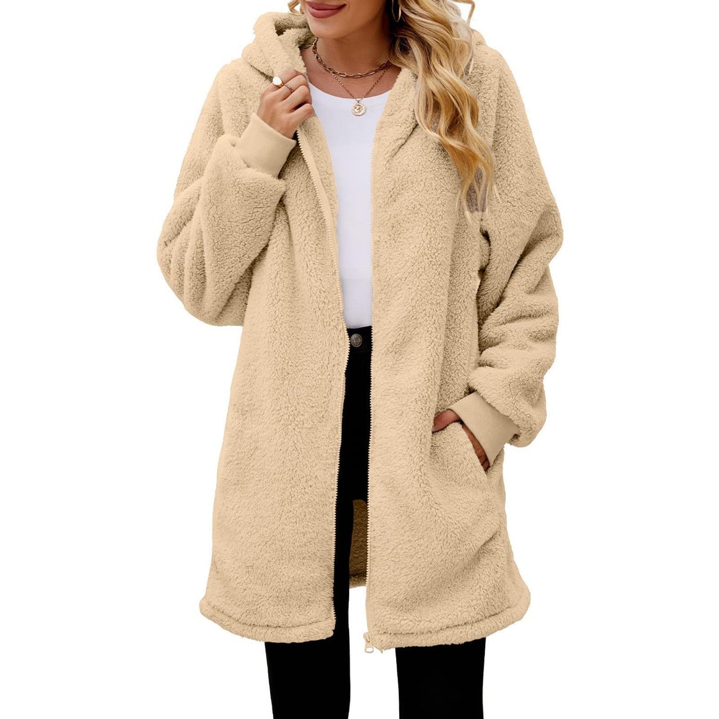 Street-Wave Womens Cozy Fleece Jacket With Hood Oversized Fit Soft Plush Texture Side Pockets