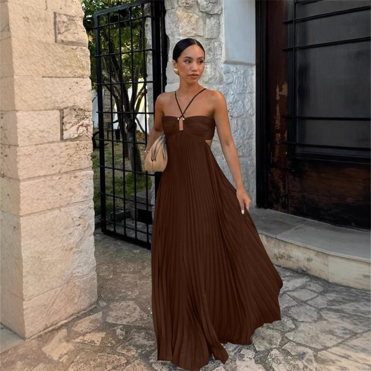 Street Wave Strapless Maxi Dress With Cross Details Pleated Aline For Women