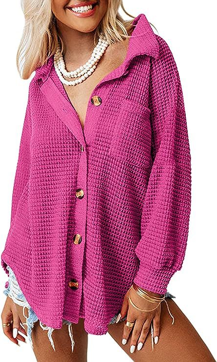 Street Wave Waffle Knit Shirt Jacket Women Oversized Casual Button Front Cozy Chic Everyday Layering