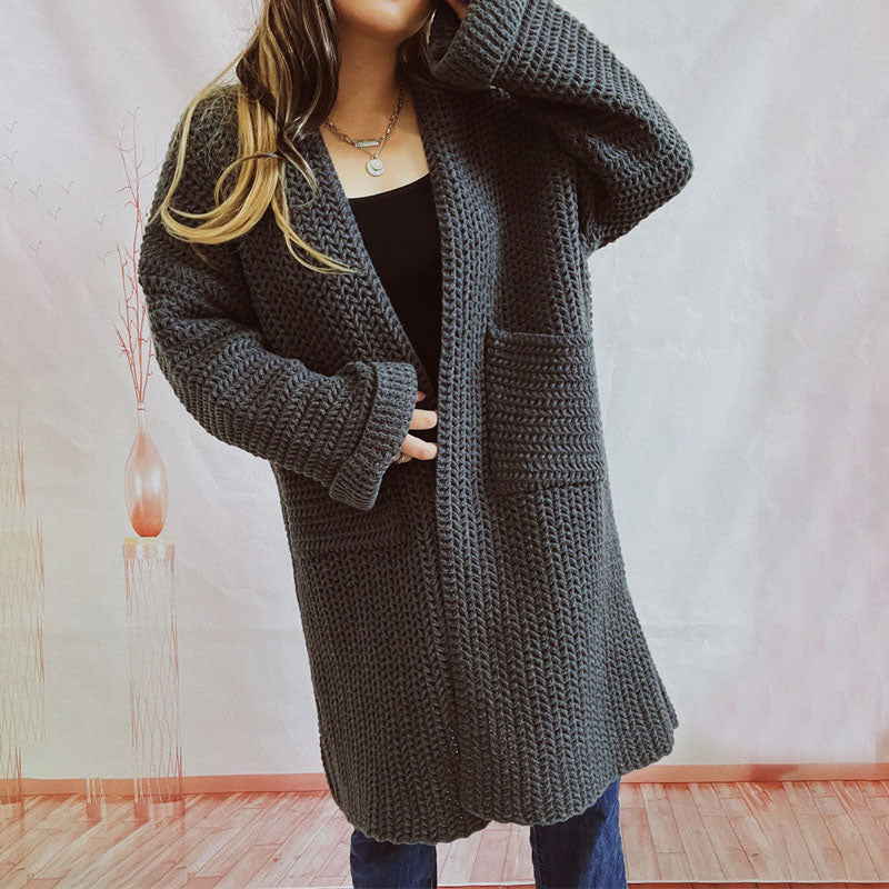 Street-Wave Chunky Knit Cardigan With Pockets For Women Soft Cozy Silhouette Open Front