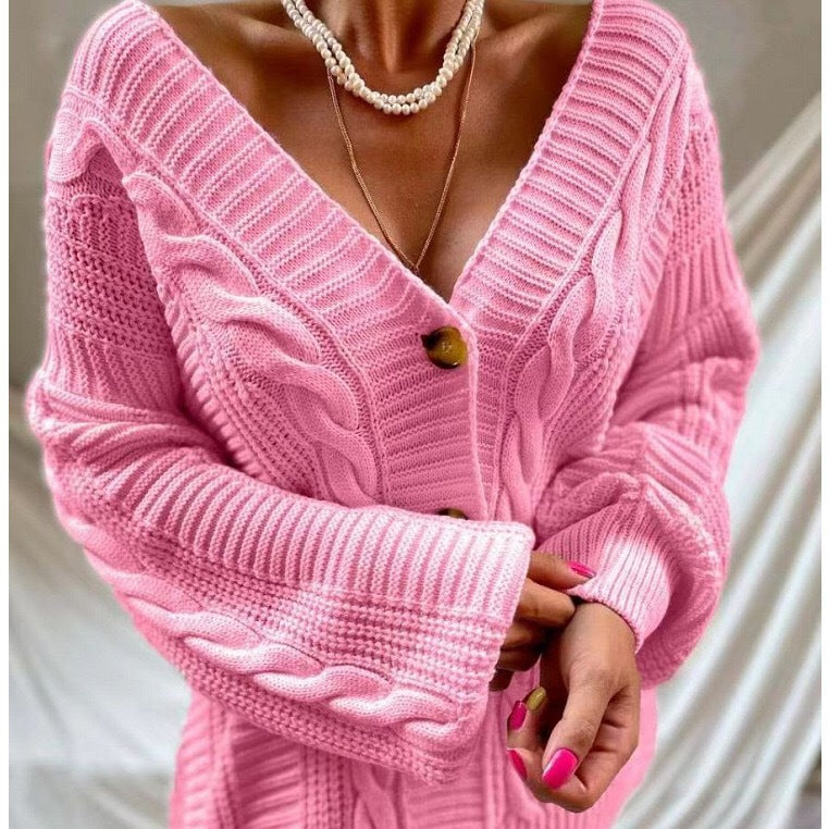 Street-Wave Women's Deep V-Neck Cable Knit Cardigan With Braided Design Soft Cozy Elegance