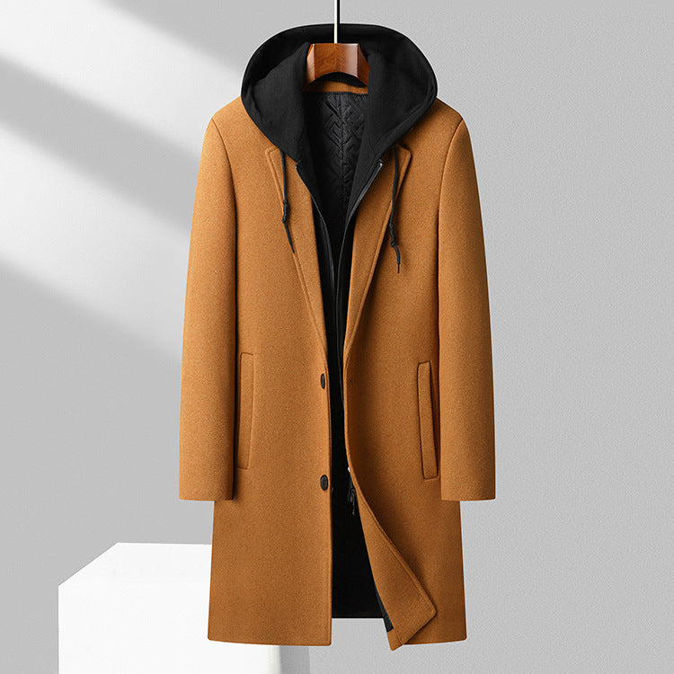 Mens Long Wool Blend Coat With Hooded Design And Classic Button Front Winter Outerwear