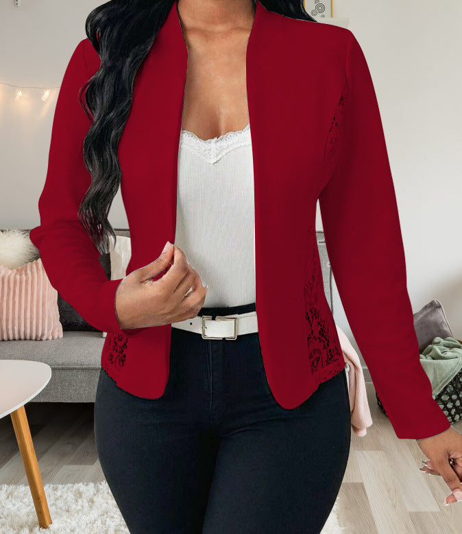 Street-wave Elegant Lace Accent Blazer Jacket For Women, Chic Versatile Office To Evening Wear