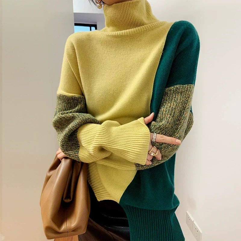 Street-Wave High Neck Knit Sweater For Women Cozy Wool Blend With Relaxed Fit And Ribbed Cuffs Hem