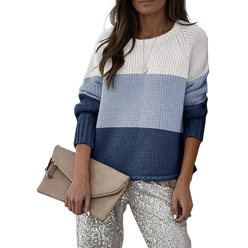 Street Wave Two Tone Knit Sweater With Block Pattern Acrylic Cozy Comfort For Women Casual Everyday Wear