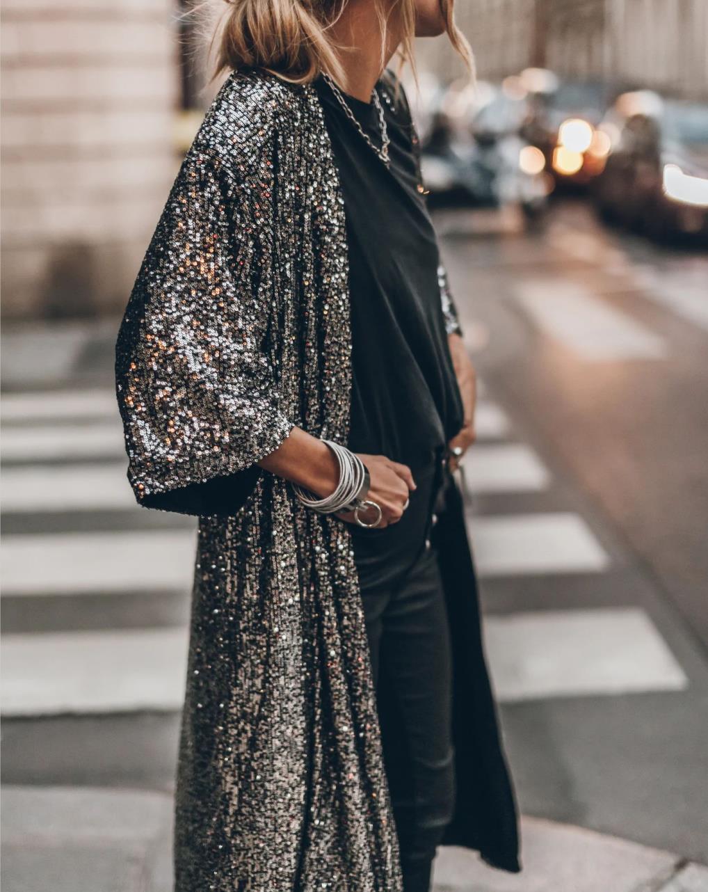 Street Wave Sequined Cardigan With Glam Glitter Fabric And Three Quarter Sleeves For Party Ready Women