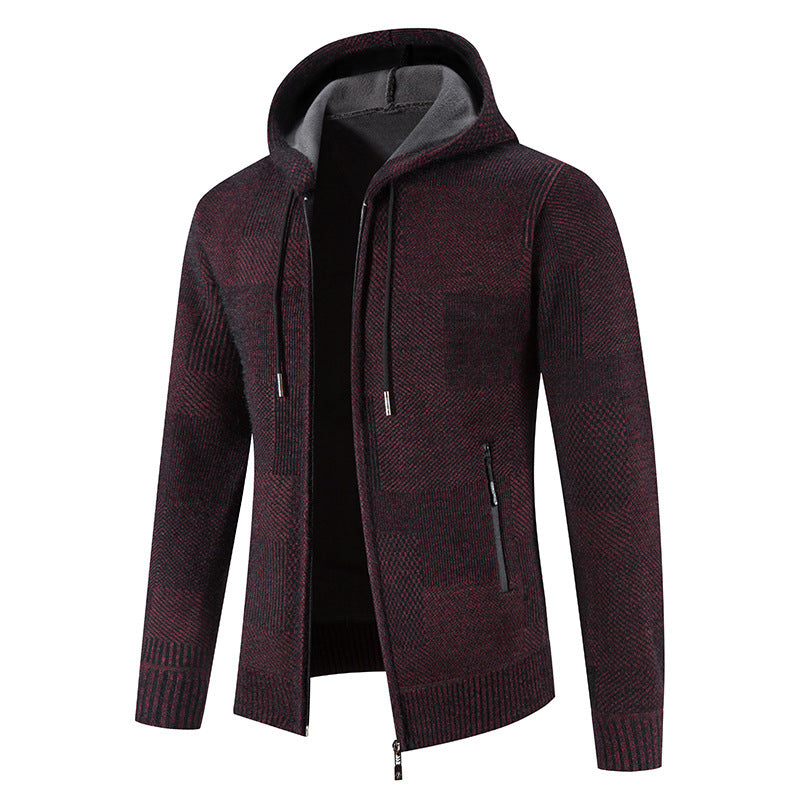 Street-Wave Men's Hooded Knit Cardigan With Modern Textured Panels And Soft Comfort