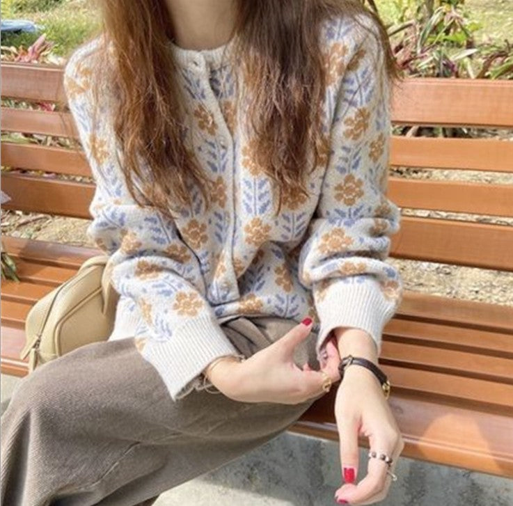 Street-Wave Women's Floral Knit Cardigan With Button Detail Soft Cotton Wool Blend