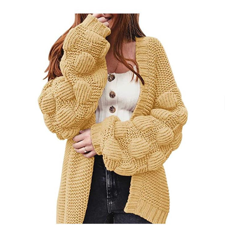 Street-wave Women's Chunky Knit Cardigan With Voluminous Sleeves For Cozy Everyday Style