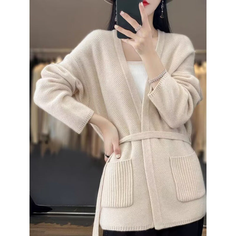 Street-Wave Cozy Knit Cardigan With Waist Belt And Pockets For Women Everyday Comfort