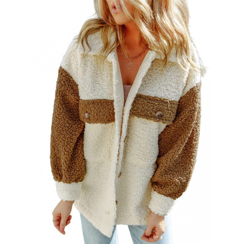 Streetwave Women's Cozy Teddy Jacket With Chest Pockets Plush Fleece Outerwear
