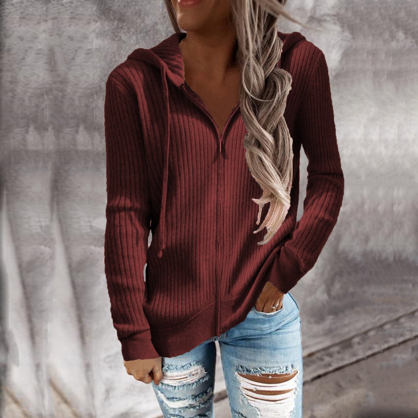 Street-Wave Womens Structured Knit Hoodie Jacket With Practical Pockets For Everyday Style