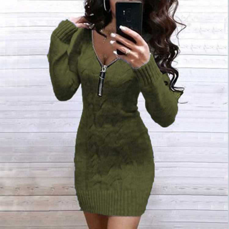 Street-Wave Women's Knit Dress With Zip Detail And Textured Cable Pattern For Chic All Occasions
