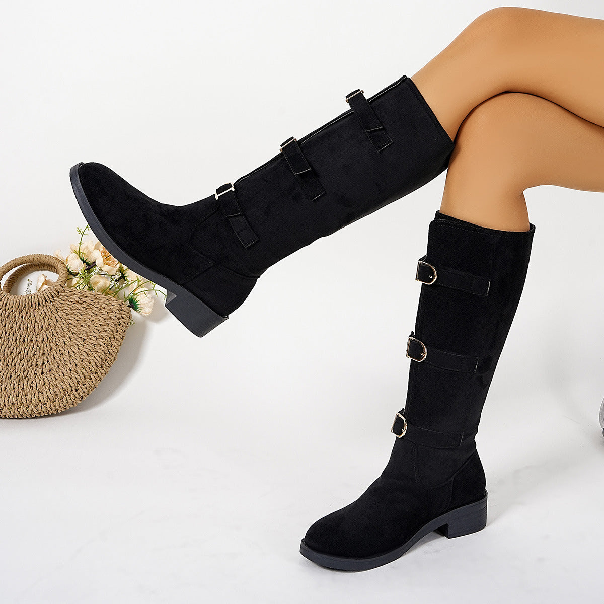 Street Wave Womens Fashion Boots With Decorative Buckles And Comfortable Block Heel