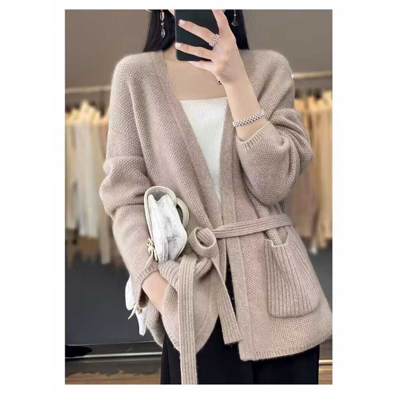 Street-Wave Cozy Knit Cardigan With Waist Belt And Pockets For Women Everyday Comfort