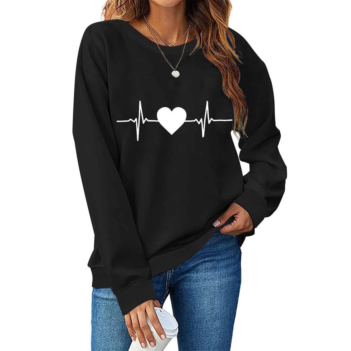 Street-wave Womens Heartbeat Design Sweatshirt Soft Cotton Cozy Wear For Everyday