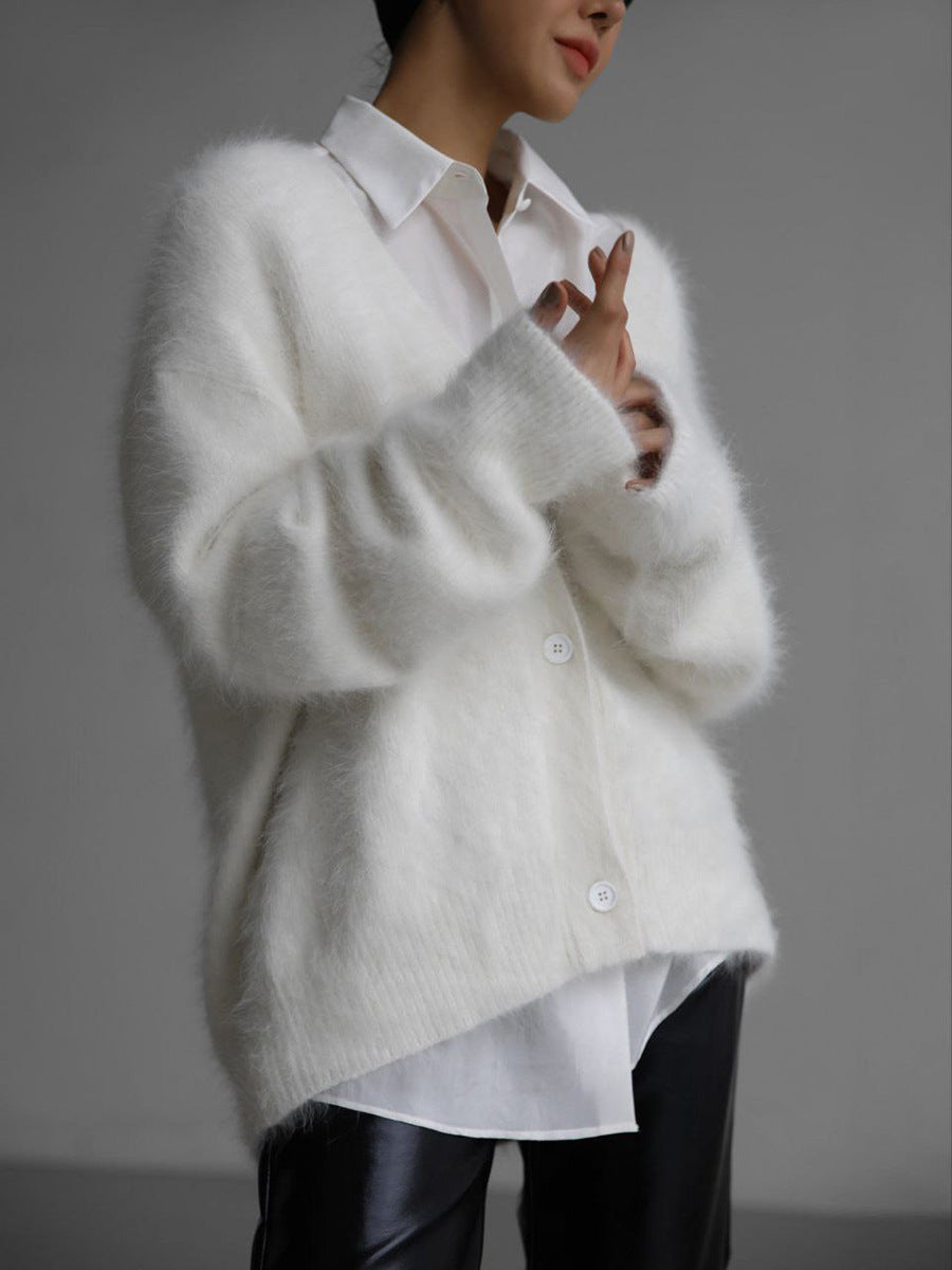 Street-wave Soft Fuzzy Button-Front Cardigan For Women, Oversized Cozy Knit For All Seasons